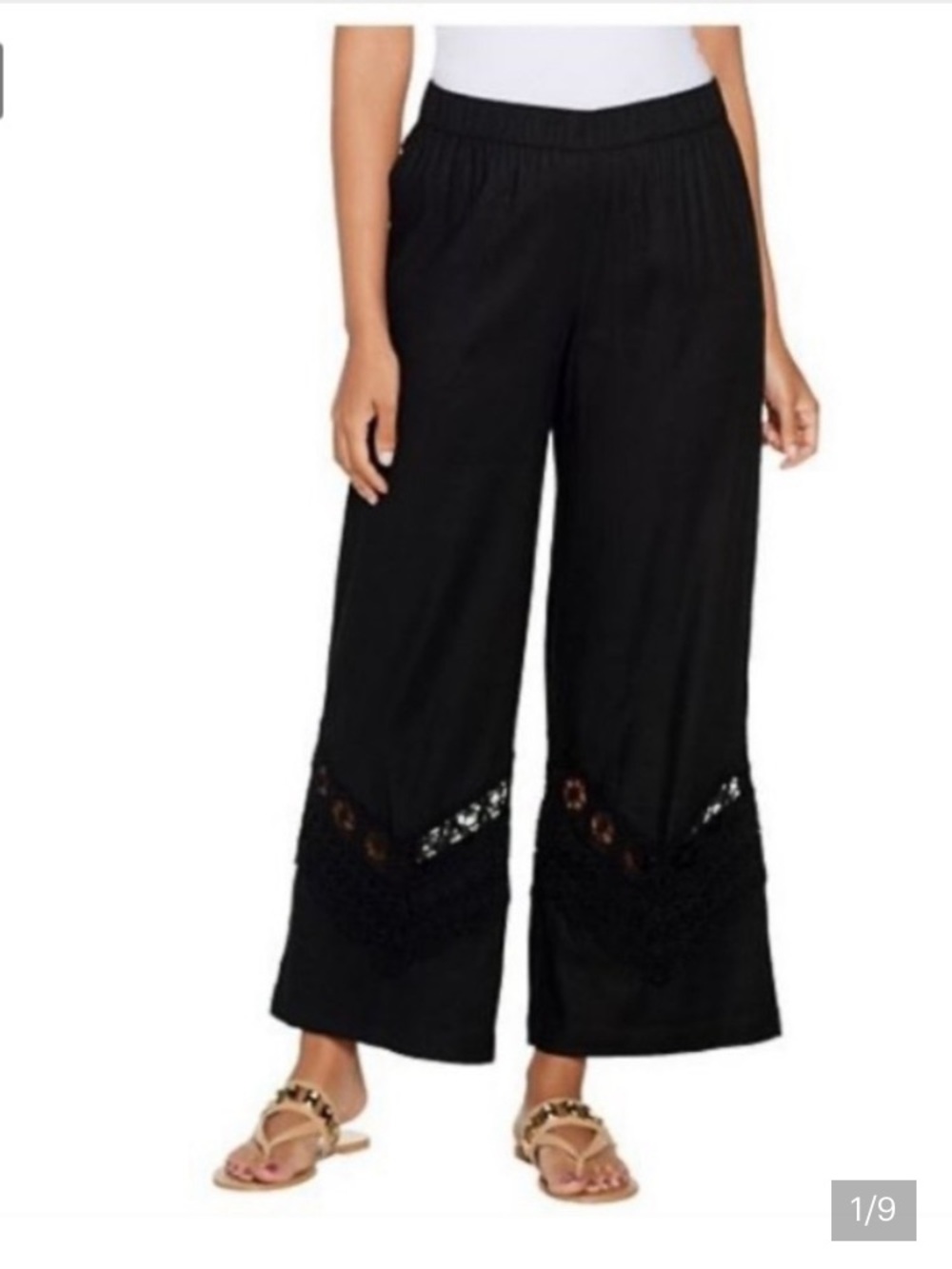 Susan Graver Black Linen Blend Ankle Pants with Crochet Cutout Detail  Size 6